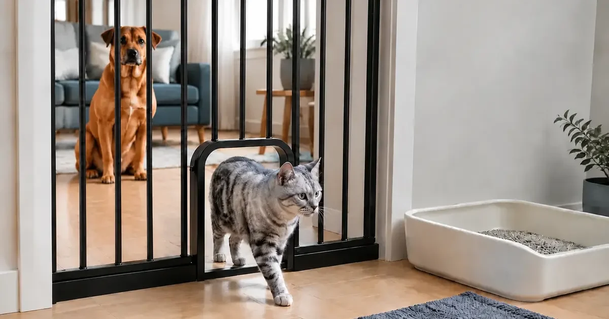 Silver tabby cat walking through a secure doorway barrier toward a clean litter box while a calm brown dog remains outside.