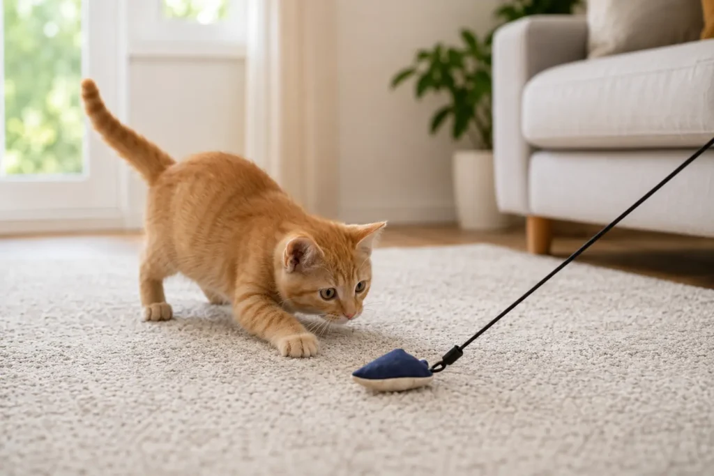 Ginger kitten stalking a fabric lure during safe, supervised floor-level play on a nonslip rug.