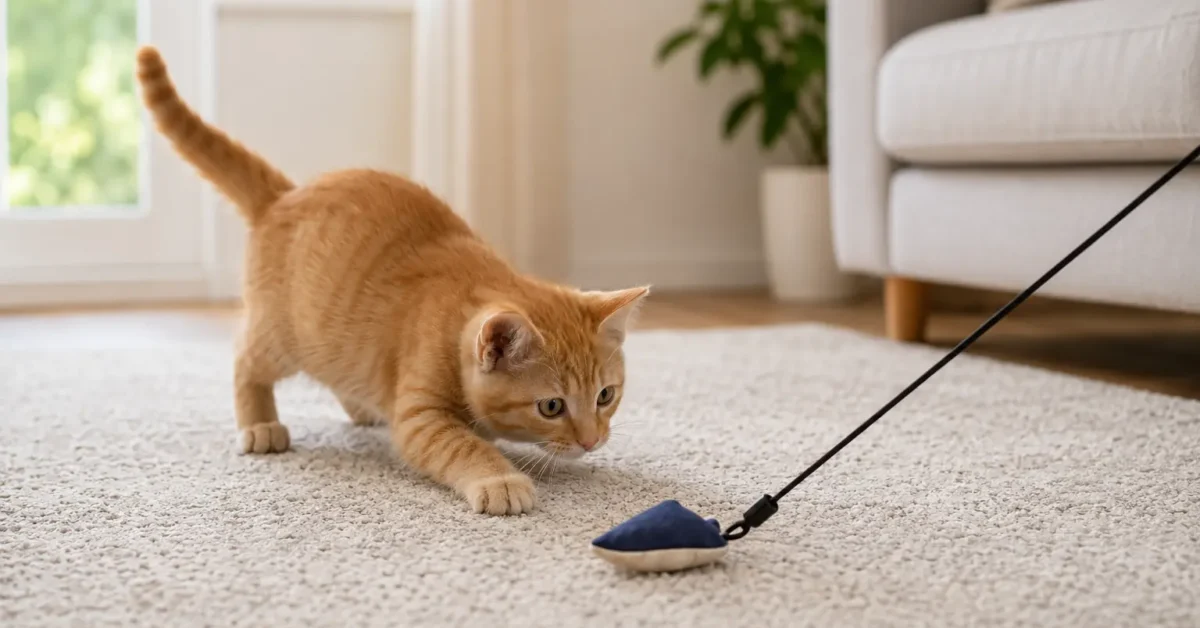 Ginger kitten stalking a fabric lure during safe, supervised floor-level play on a nonslip rug.