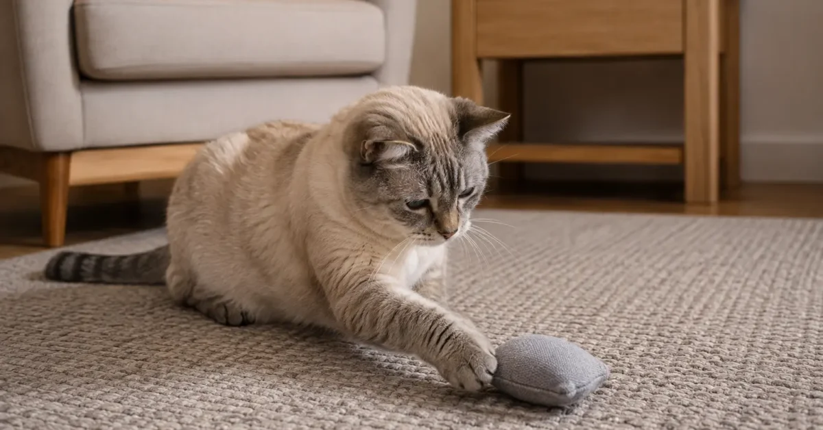 An older cat calmly batting a reachable toy on a nonslip mat during gentle floor-level play.