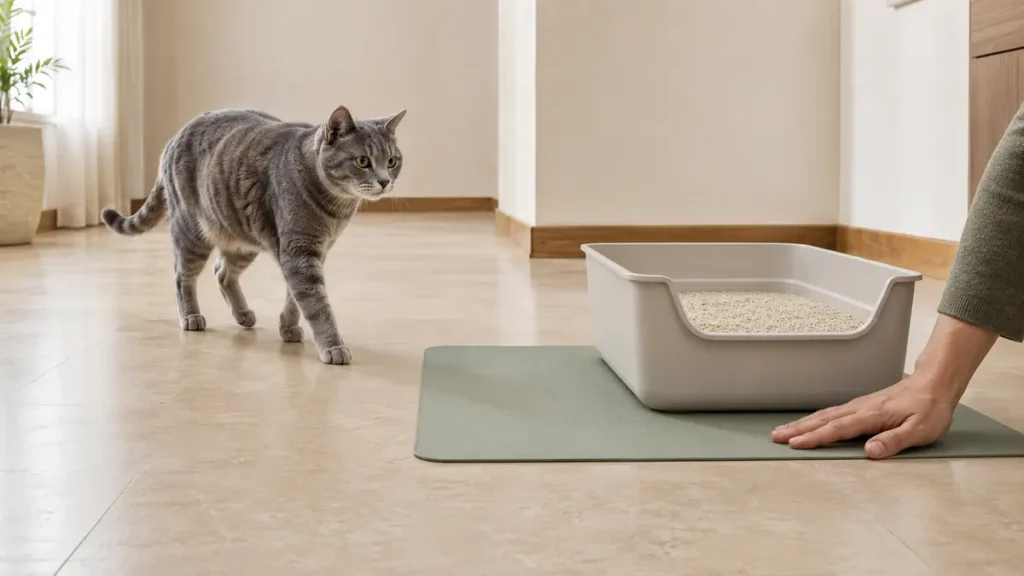 Older gray cat approaching a clean low-entry litter box on a flat nonslip mat while a caregiver checks the clear floor route.
