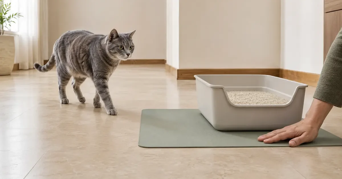 Older gray cat approaching a clean low-entry litter box on a flat nonslip mat while a caregiver checks the clear floor route.