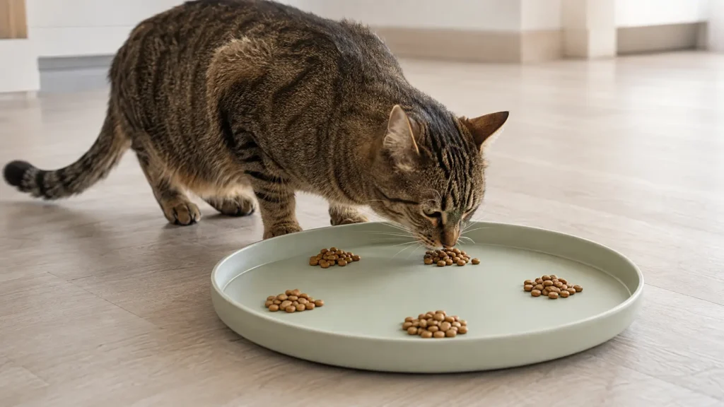 Adult cat eating spaced portions from a broad, low-profile feeding tray.