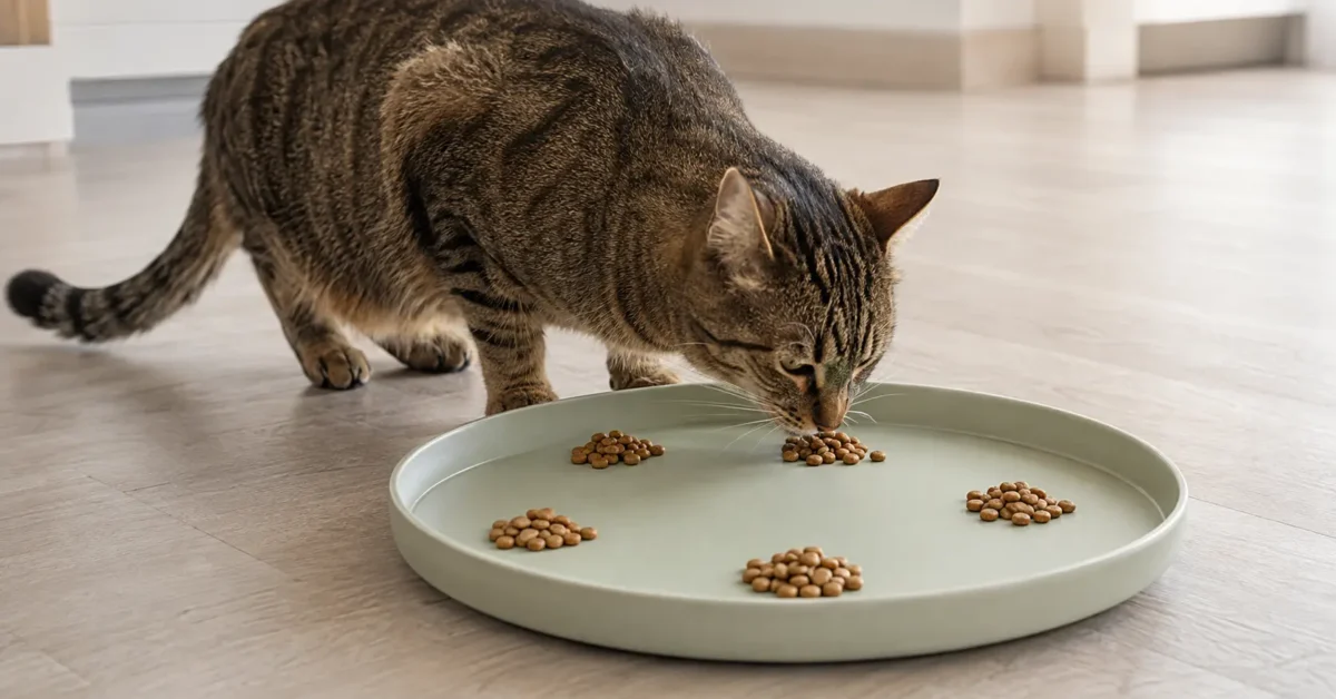 Adult cat eating spaced portions from a broad, low-profile feeding tray.