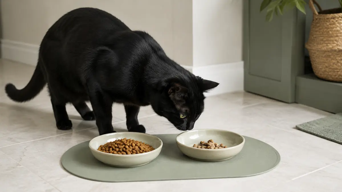 Solid-black adult cat calmly investigating a small sample of new food beside its familiar food in separate shallow dishes.