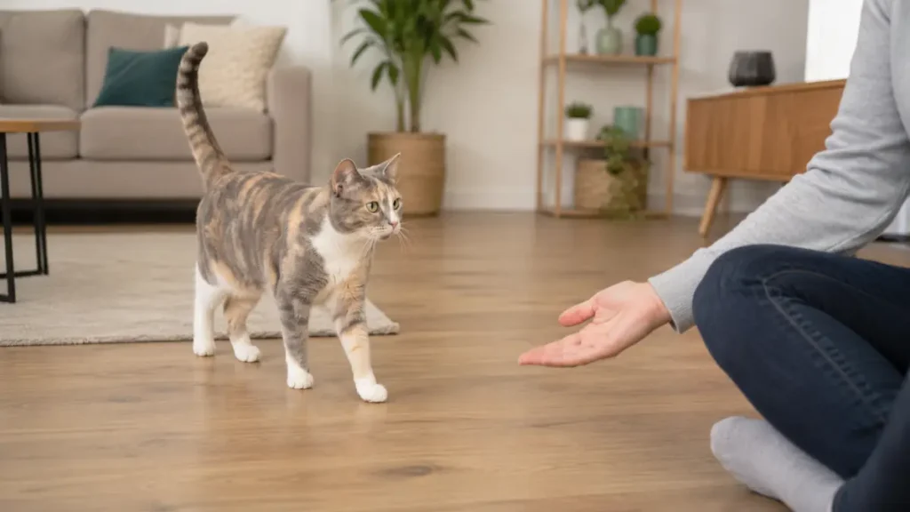 Dilute calico adult cat walking across a quiet room toward a seated caregiver using a calm recall gesture.