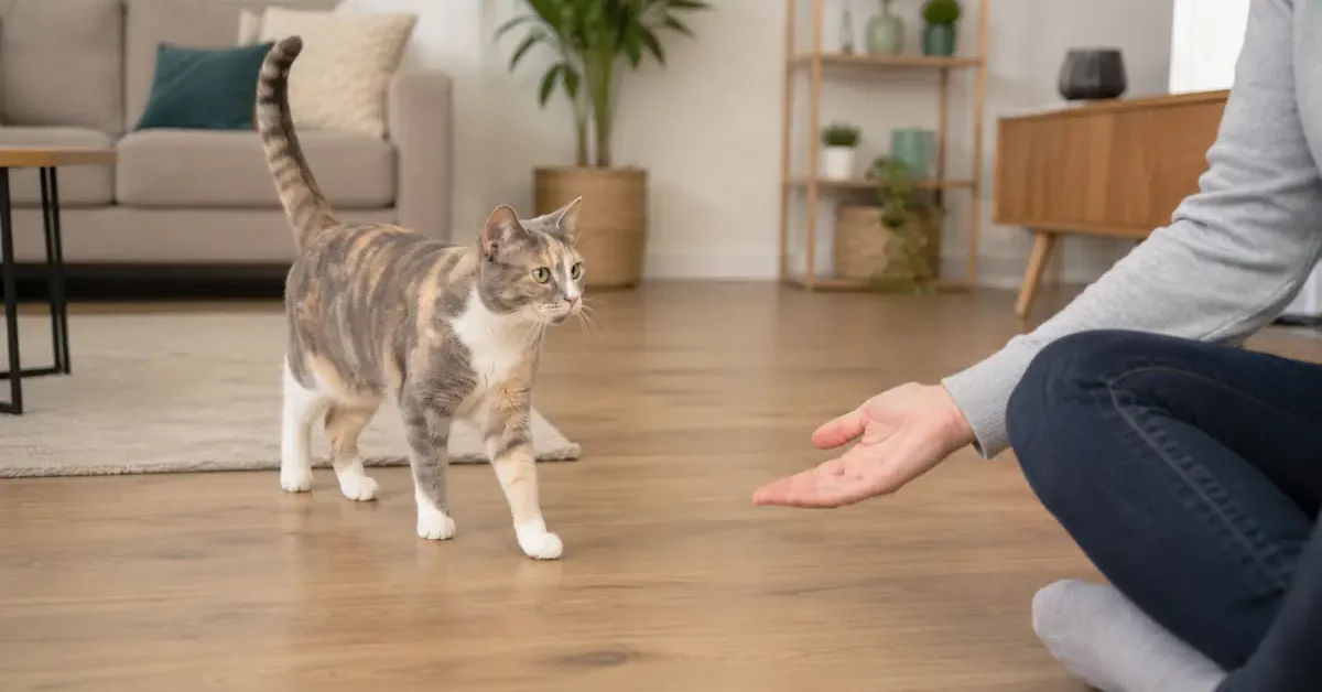 Dilute calico adult cat walking across a quiet room toward a seated caregiver using a calm recall gesture.