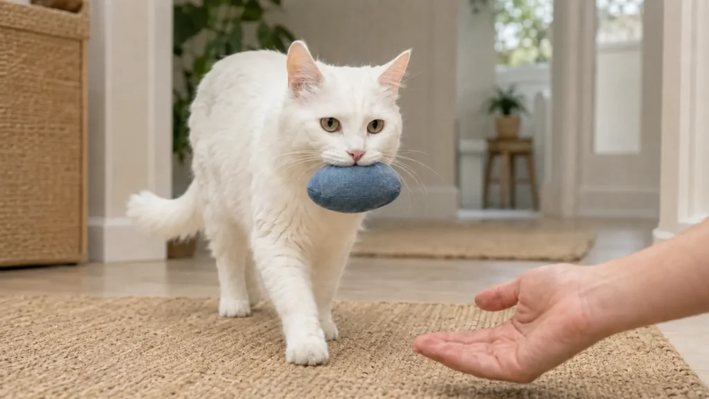 A white adult cat carrying a soft fabric toy toward an open hand on a nonslip floor.