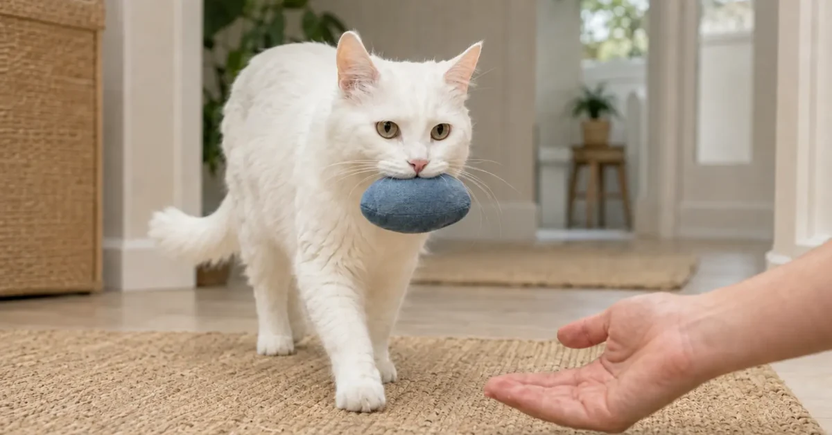 A white adult cat carrying a soft fabric toy toward an open hand on a nonslip floor.