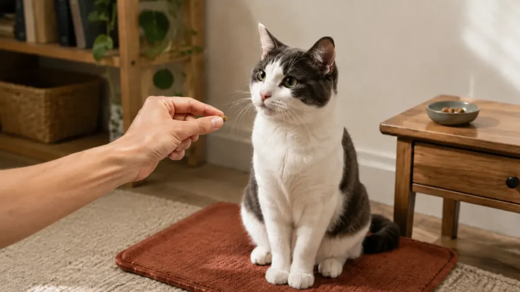 White-and-charcoal bicolor cat sitting on a rust-colored mat as a caregiver offers one tiny training treat.