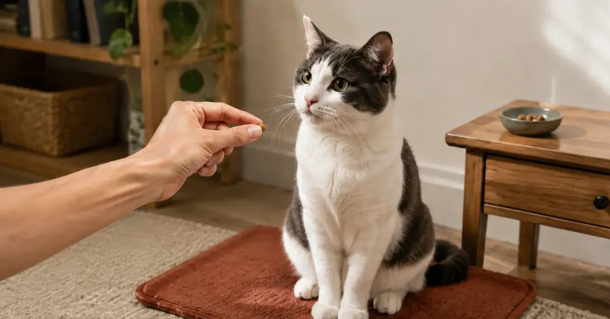 White-and-charcoal bicolor cat sitting on a rust-colored mat as a caregiver offers one tiny training treat.