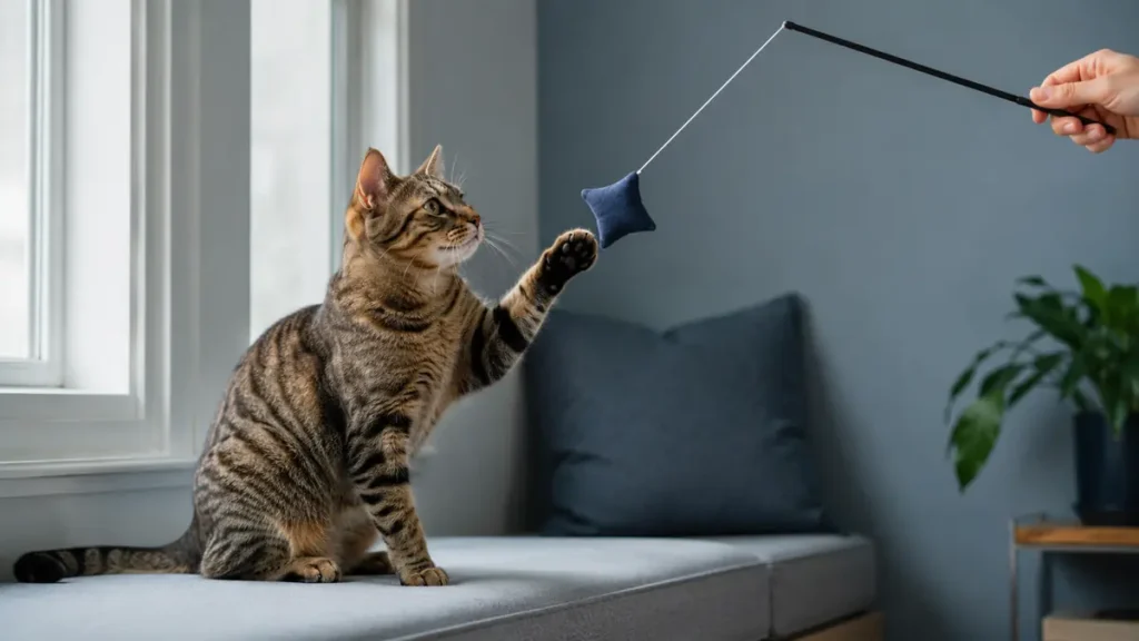 Brown tabby adult cat reaching toward an intact wand-toy lure held by a caregiver during supervised indoor play.