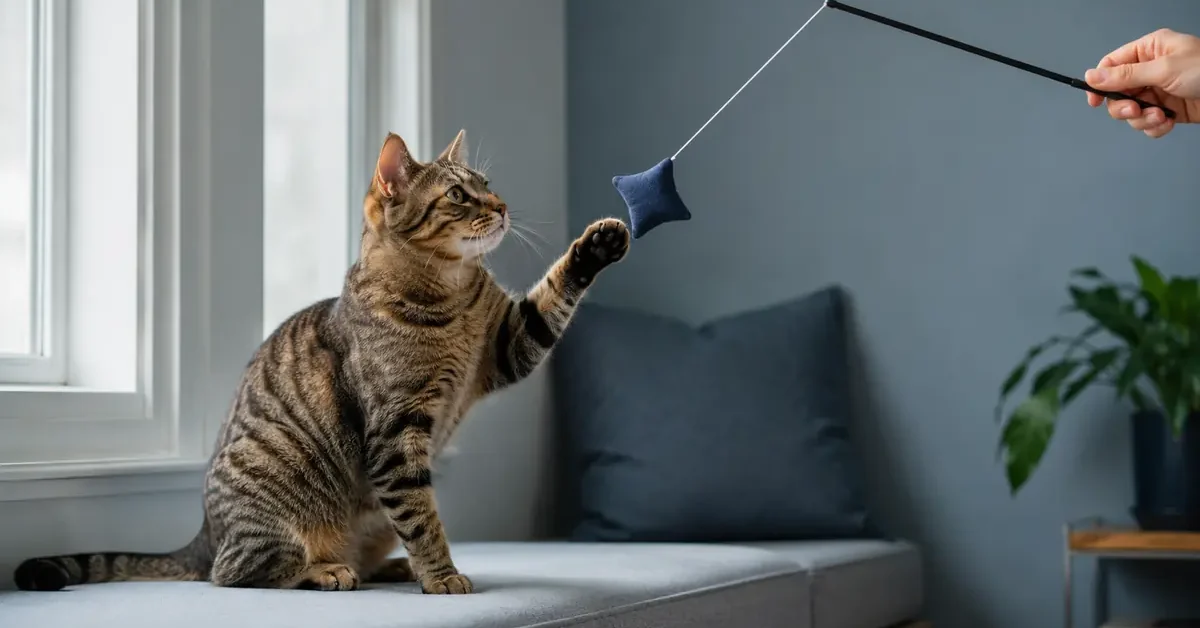 Brown tabby adult cat reaching toward an intact wand-toy lure held by a caregiver during supervised indoor play.