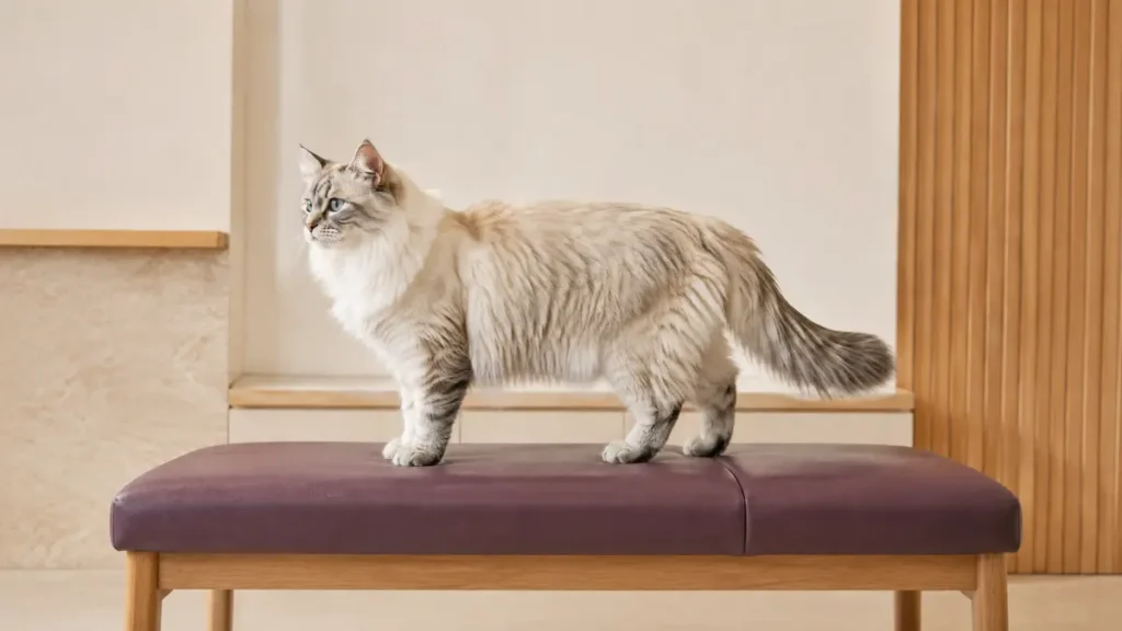 Cream-and-smoke longhaired cat standing calmly with its full coat intact in a quiet grooming consultation room.