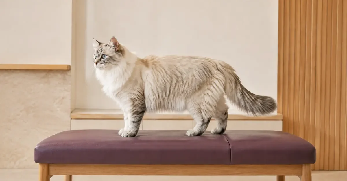 Cream-and-smoke longhaired cat standing calmly with its full coat intact in a quiet grooming consultation room.