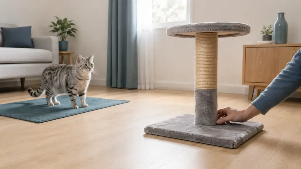 Caregiver inspecting the base of a well-used cat tree while a silver tabby waits safely on the floor.