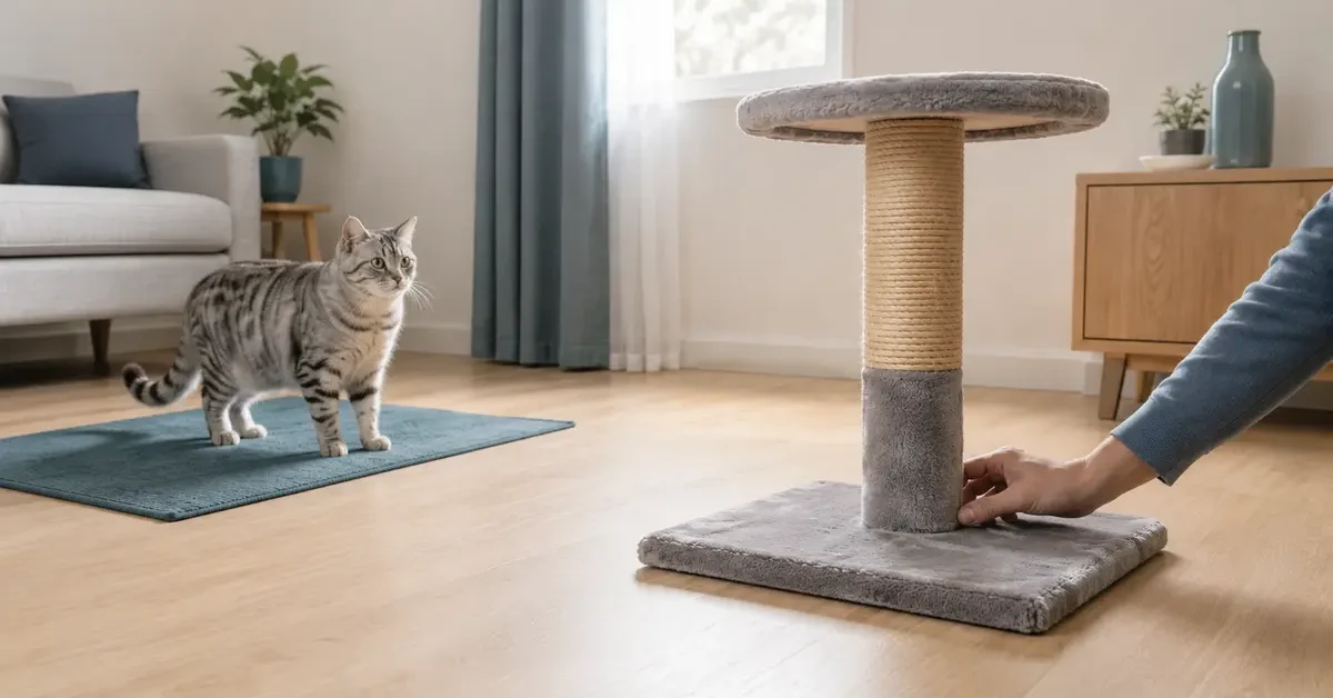 Caregiver inspecting the base of a well-used cat tree while a silver tabby waits safely on the floor.