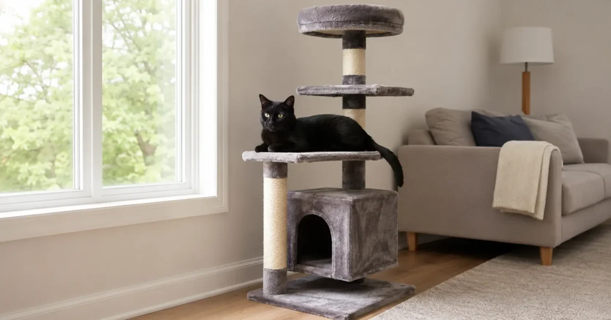 A black short-haired cat resting on a stable cat tree beside a securely closed window in a bright living room.