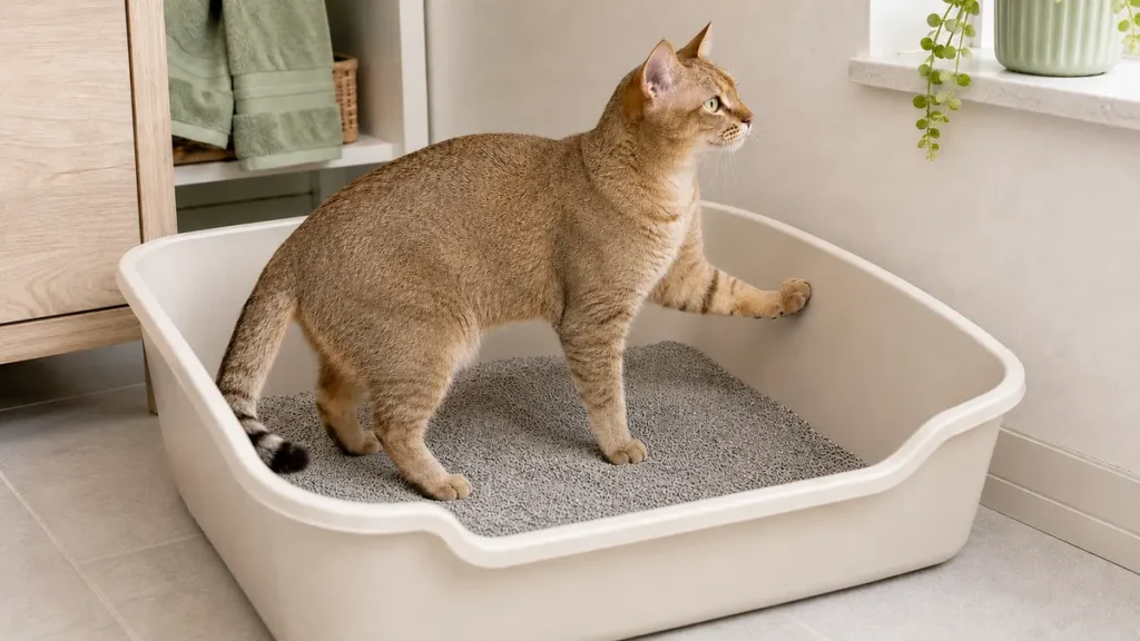 Fawn ticked cat calmly touching the smooth inner wall of a clean uncovered litter box with one front paw.
