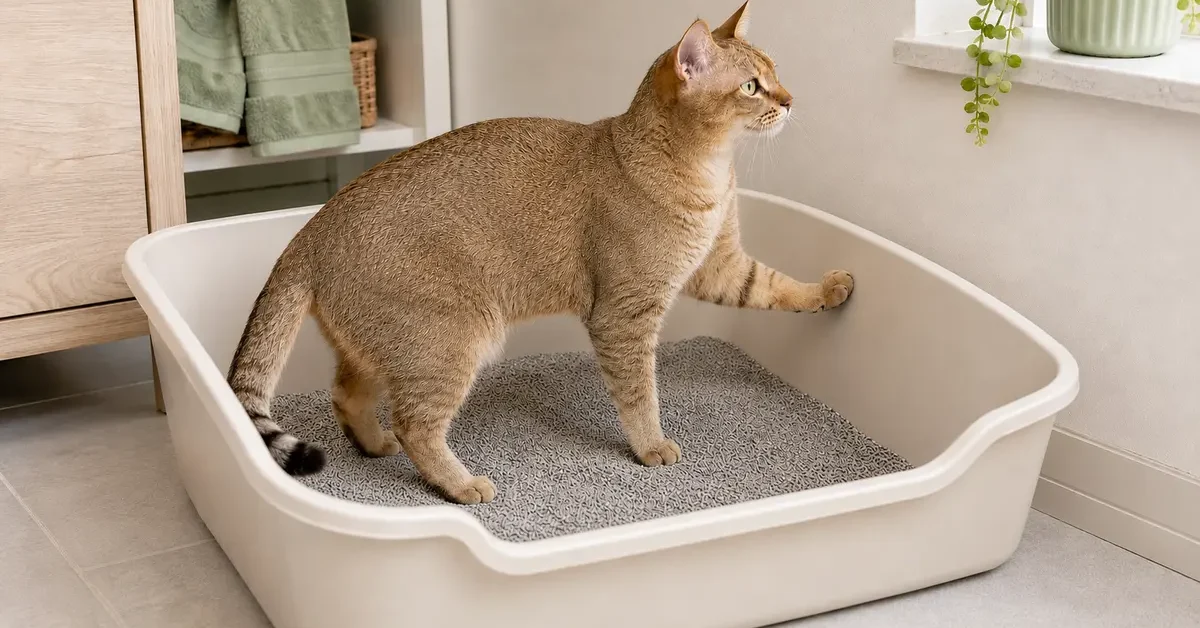 Fawn ticked cat calmly touching the smooth inner wall of a clean uncovered litter box with one front paw.