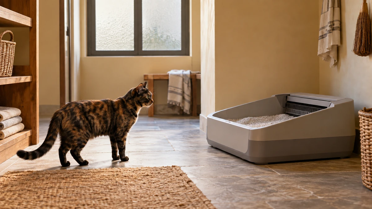 Tabby-marked tortoiseshell cat standing apart from an open automatic litter box in a quiet utility room.
