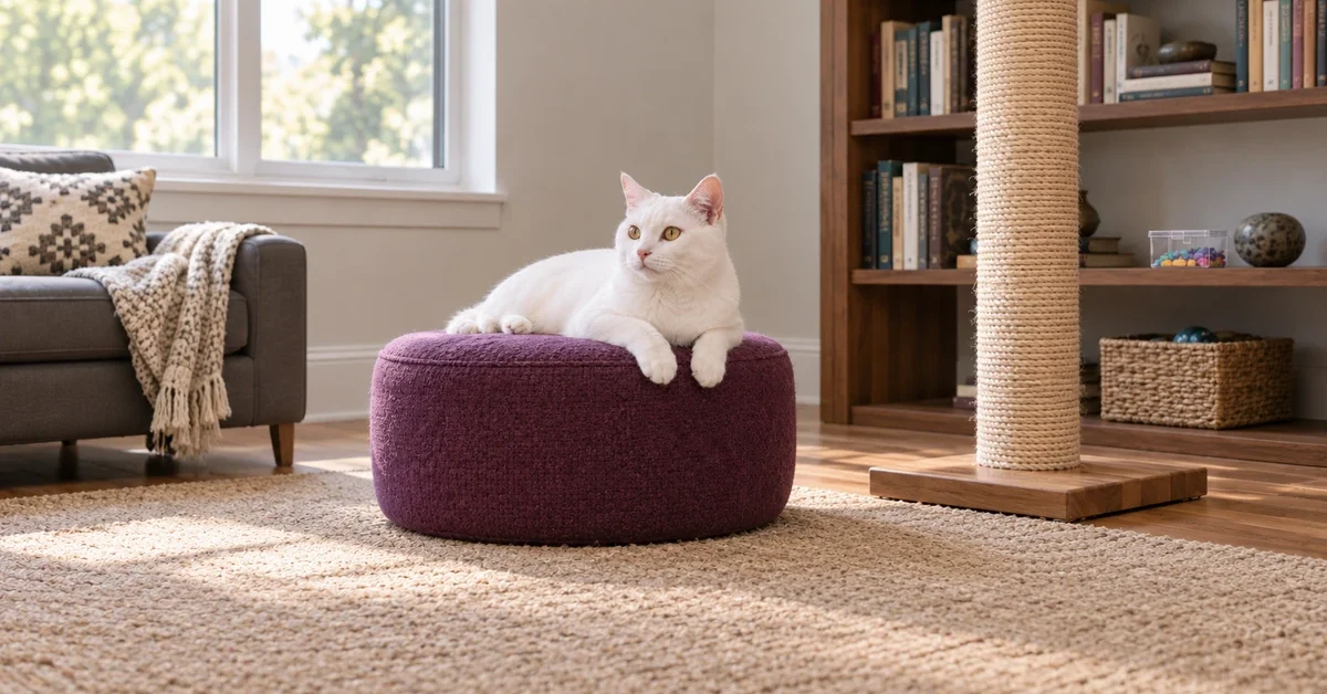 White cat resting with uncovered paws beside a stable scratching post in a reading nook.