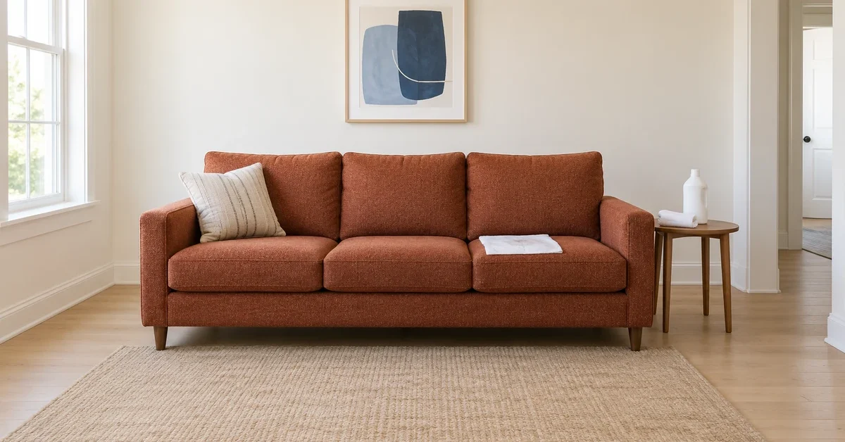 White absorbent cloth on a rust-colored couch cushion, with a closed cleaning bottle on a nearby table.