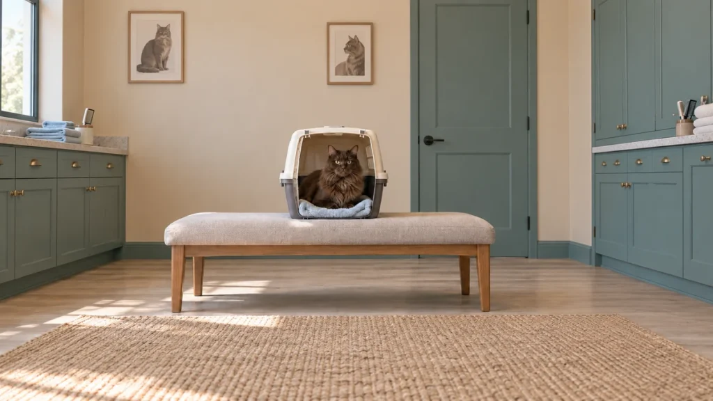 Brown longhaired cat resting in an open carrier on a bench in a quiet grooming room.