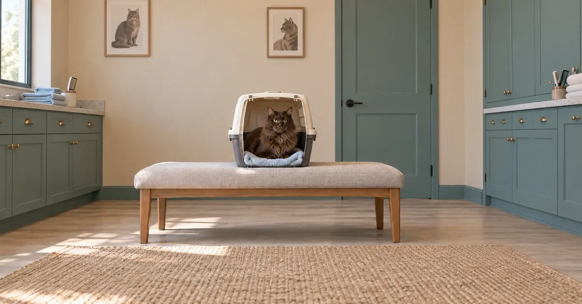 Brown longhaired cat resting in an open carrier on a bench in a quiet grooming room.