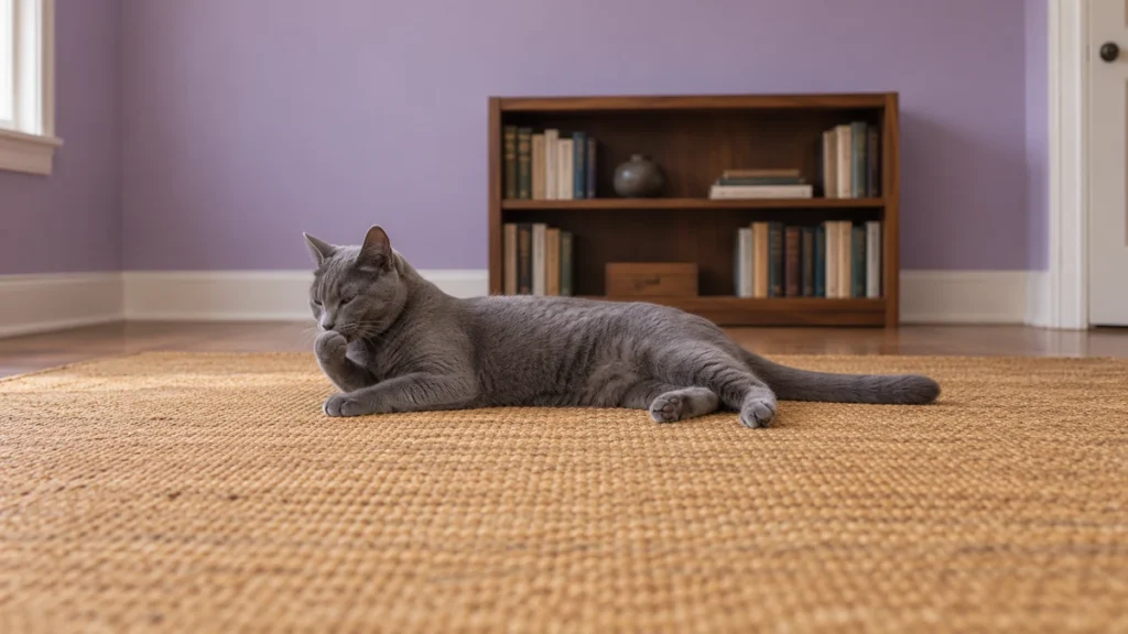 Blue-gray cat reclining on an ochre rug while grooming a raised front paw.