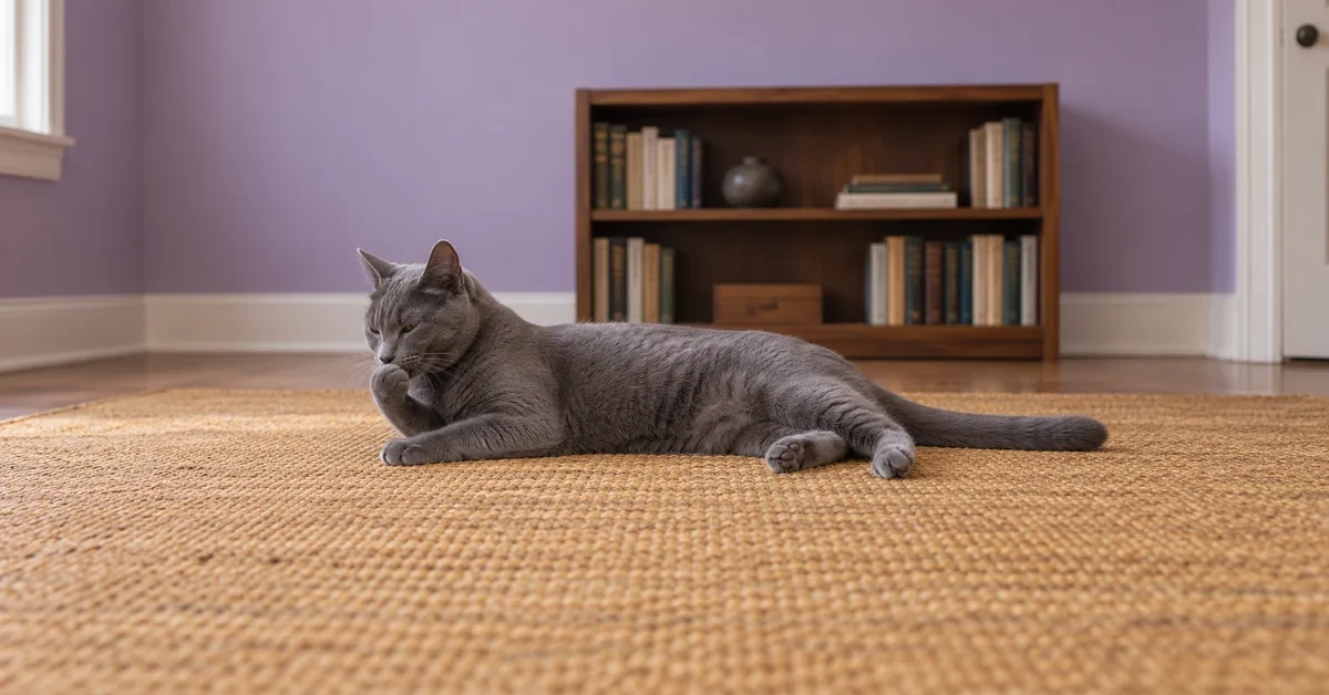 Blue-gray cat reclining on an ochre rug while grooming a raised front paw.