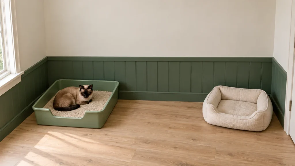 Seal-point cat resting in a spacious open litter tray, with a separate empty cream bed across the room.