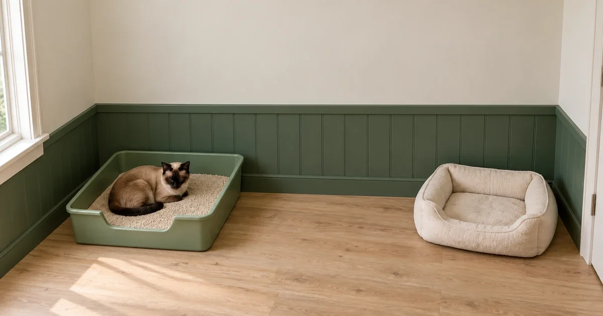 Seal-point cat resting in a spacious open litter tray, with a separate empty cream bed across the room.