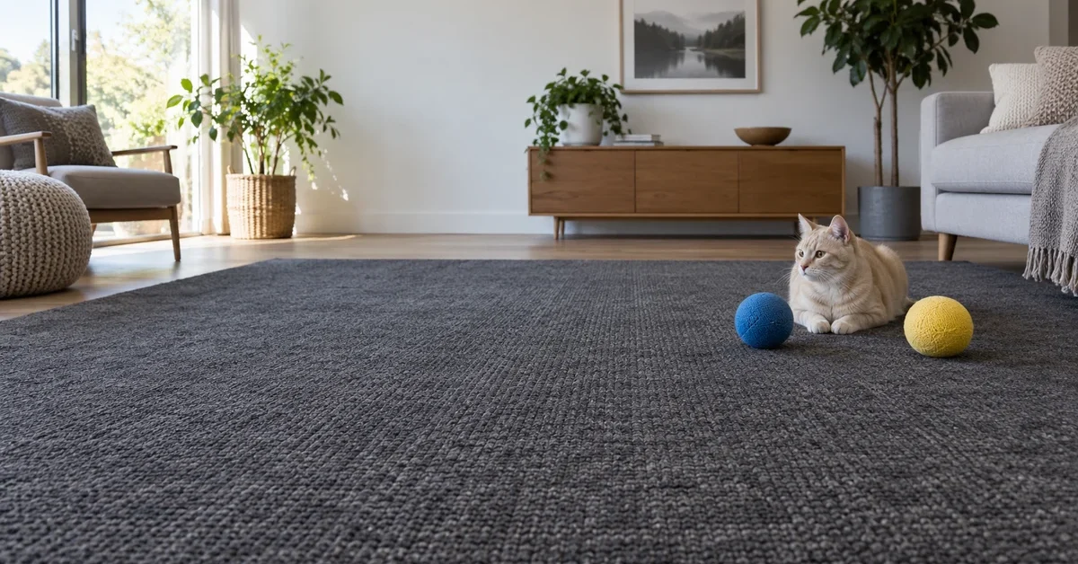 Cream tabby cat resting on a charcoal rug beside blue and yellow fabric toys.