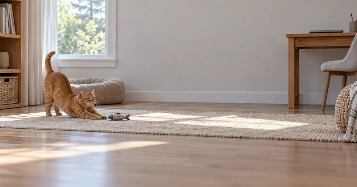 Ginger shorthair cat stretching beside a fabric fish toy in a quiet room with a closed laptop on the desk.