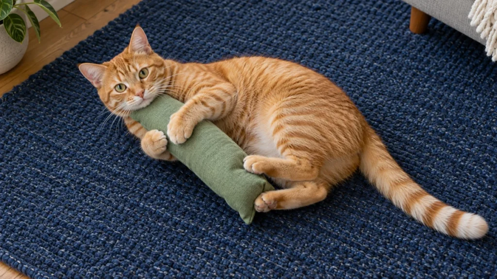 Orange tabby holding a green kicker toy with its front paws and pressing both hind paws against it.