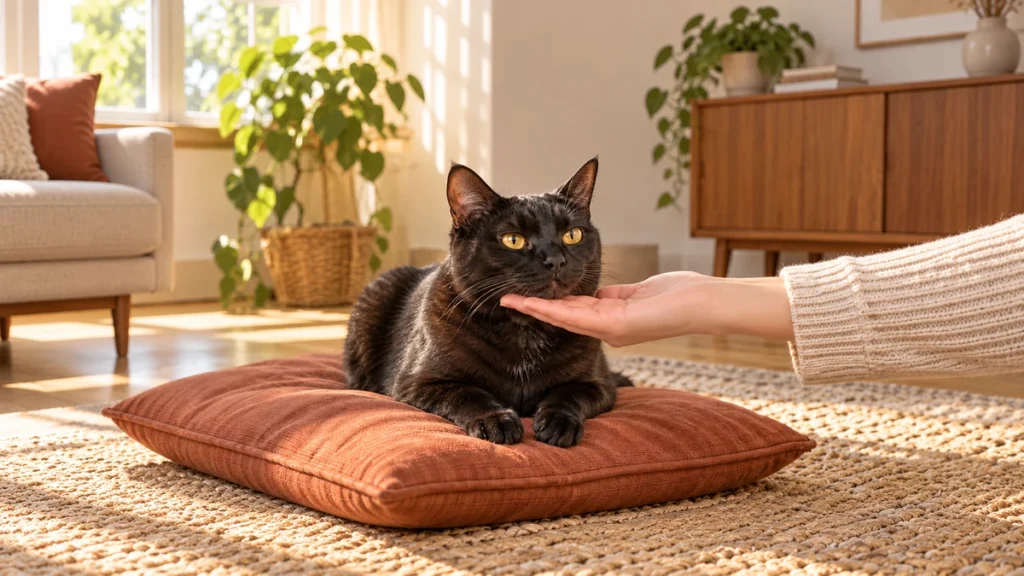 Black cat resting its chin on an open hand while sitting on a rust-colored cushion.