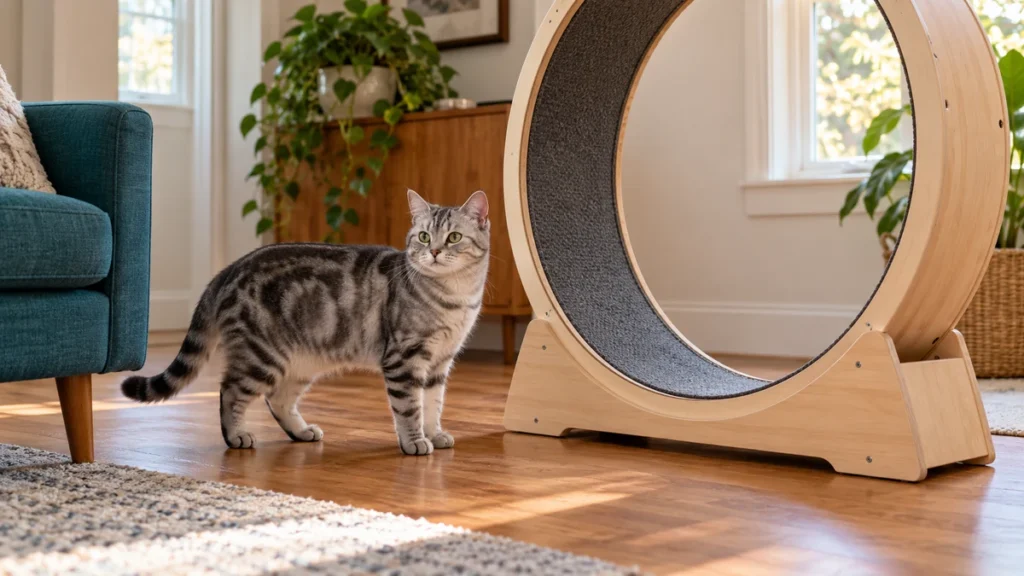 Silver tabby cat standing beside a wooden exercise wheel in a living room.