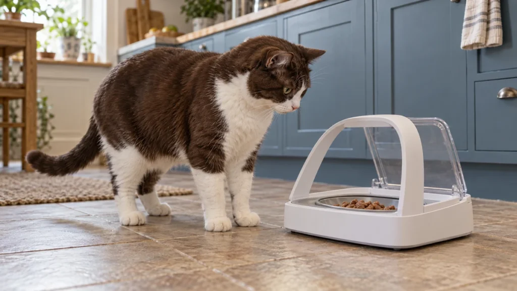 Chocolate-and-white cat beside an open microchip-style feeder on a kitchen floor.