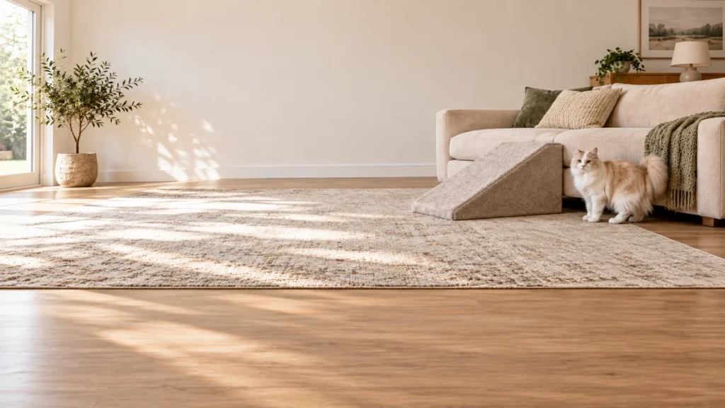 Cream-and-white longhaired cat beside a carpeted ramp leading to a low sofa.