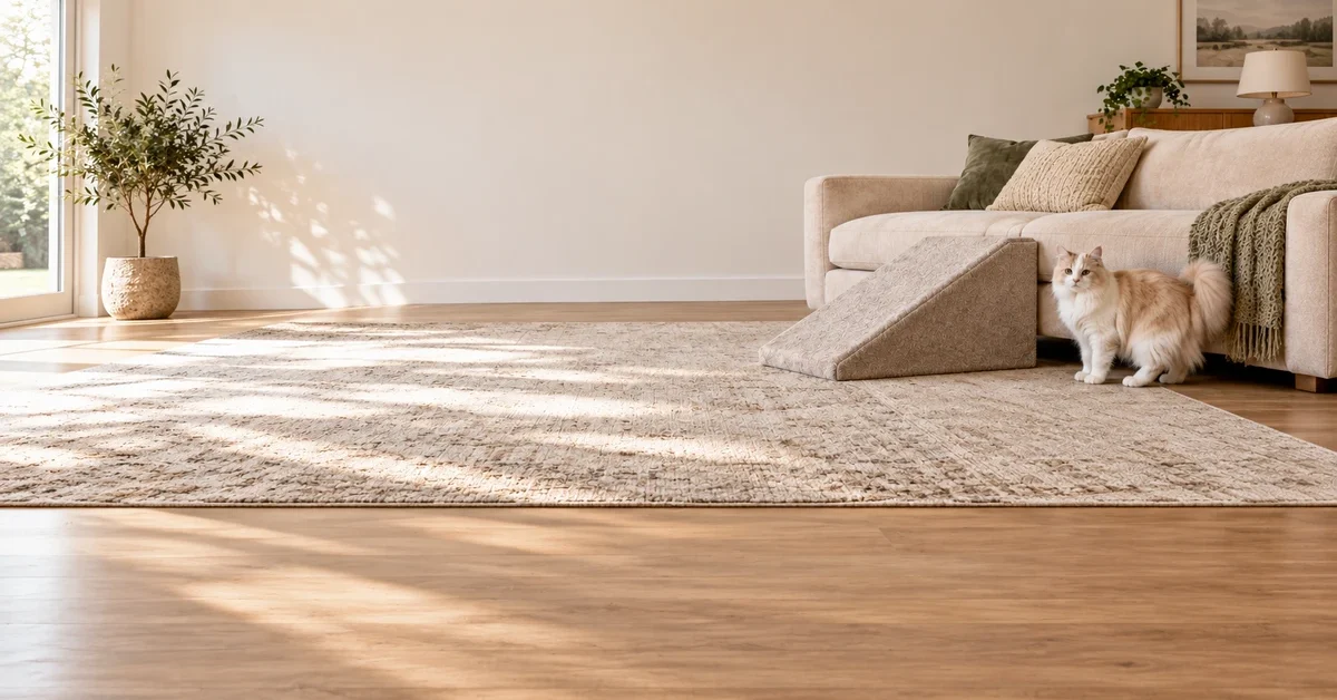 Cream-and-white longhaired cat beside a carpeted ramp leading to a low sofa.