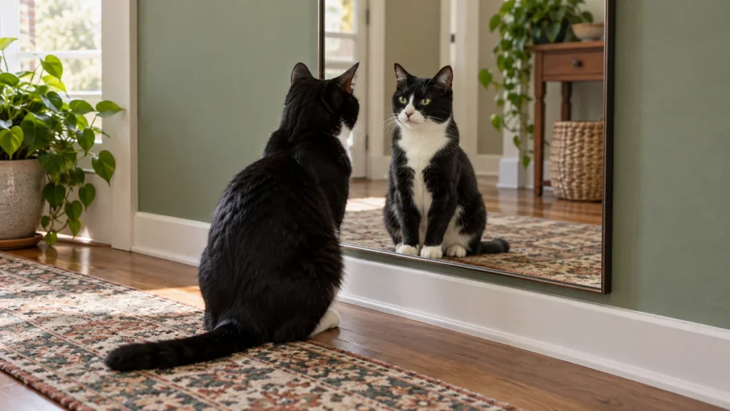 Tuxedo cat sitting in front of a wall-mounted mirror with its face visible in the reflection.