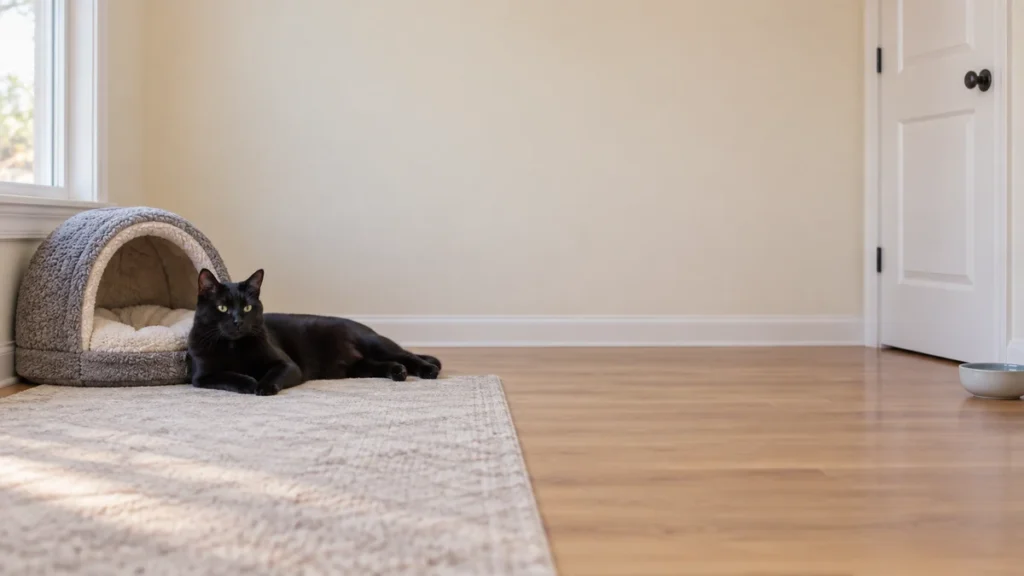 Black cat resting beside a covered bed in a clean room with a closed door and a separate water bowl.