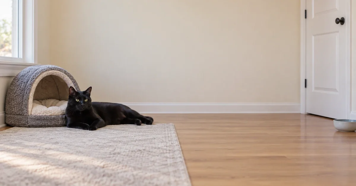 Black cat resting beside a covered bed in a clean room with a closed door and a separate water bowl.
