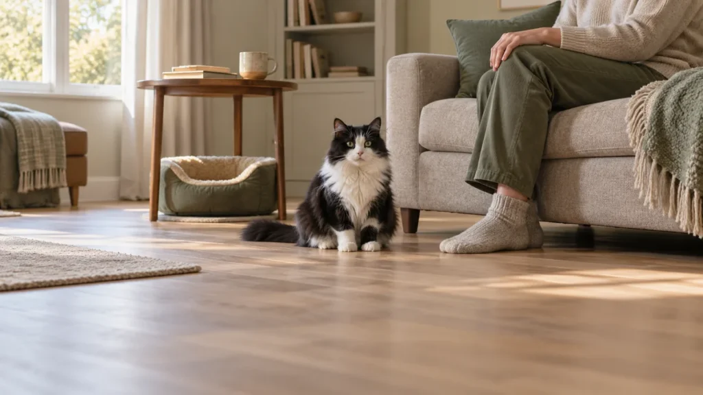 Black-and-white longhair cat sitting near a seated caregiver, with an open cat bed nearby in a quiet living room.