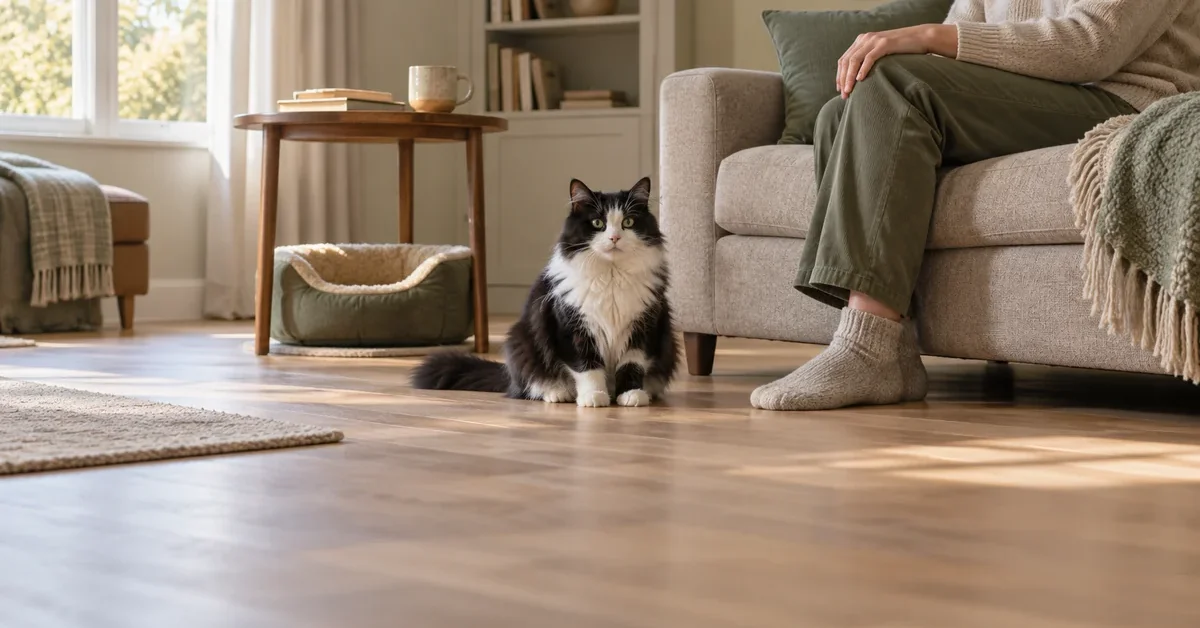 Black-and-white longhair cat sitting near a seated caregiver, with an open cat bed nearby in a quiet living room.