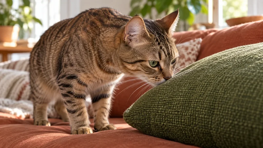 Brown spotted tabby sniffing a green cushion on a terracotta sofa.