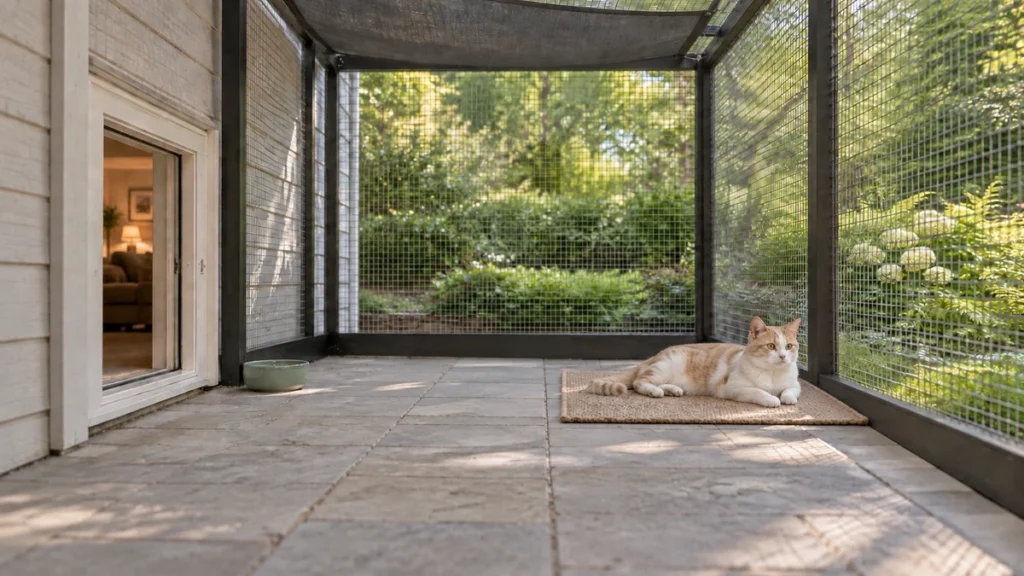 Cream-and-white cat resting on a mat inside a shaded mesh catio with an open doorway into the house.