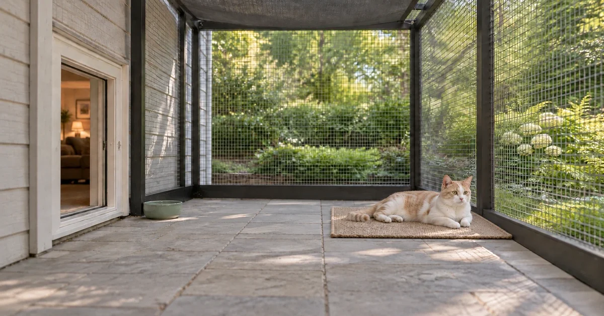Cream-and-white cat resting on a mat inside a shaded mesh catio with an open doorway into the house.