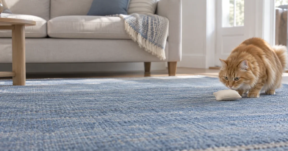 Ginger long-haired cat investigating a plain cream fabric toy on a blue rug.